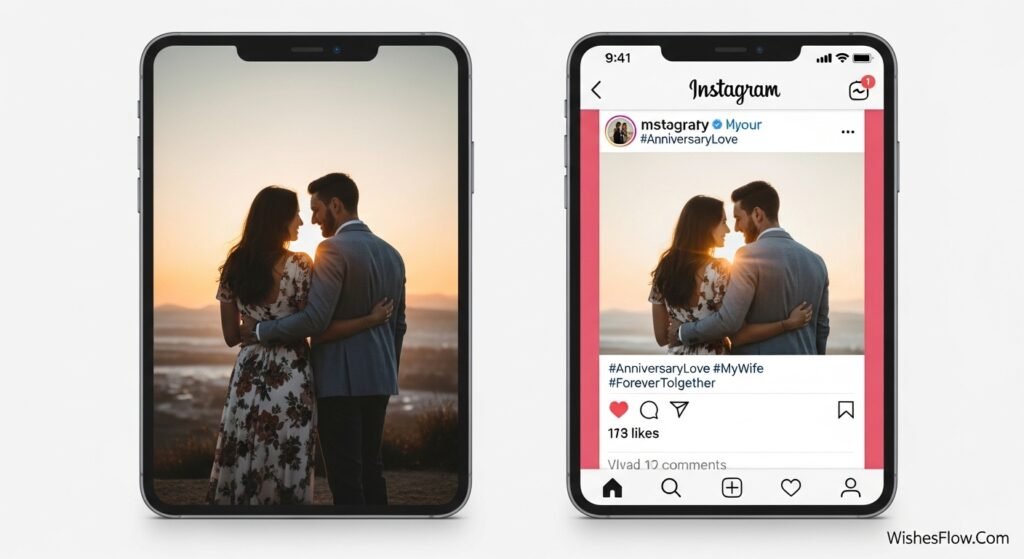 Instagram post mockup with romantic anniversary caption for wife