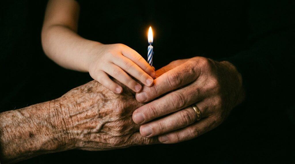 Three generations of hands from child to grandfather holding birthday candle together, representing shared celebration and family continuity across ages