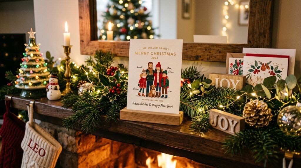Christmas card displayed on holiday mantle with fairy lights and festive decorations