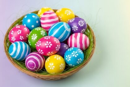 Funny Easter wishes with colorful decorated eggs and spring flowers