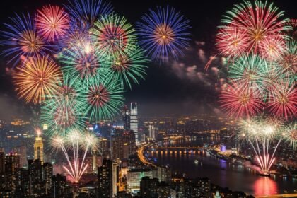 Happy New Year wishes for everyone — golden fireworks lighting up the midnight sky over a celebrating city