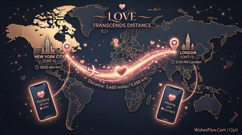 World map visualization showing two long-distance locations connected by glowing heart symbol and light path, representing romantic connection across geographical distance