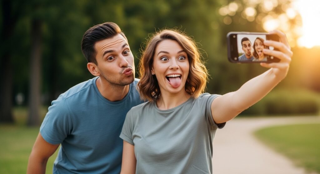 Happy couple making funny faces for sarcastic anniversary Instagram caption photo