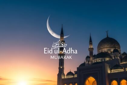 Beautiful Eid ul-Adha Mubarak quotes with crescent moon and mosque