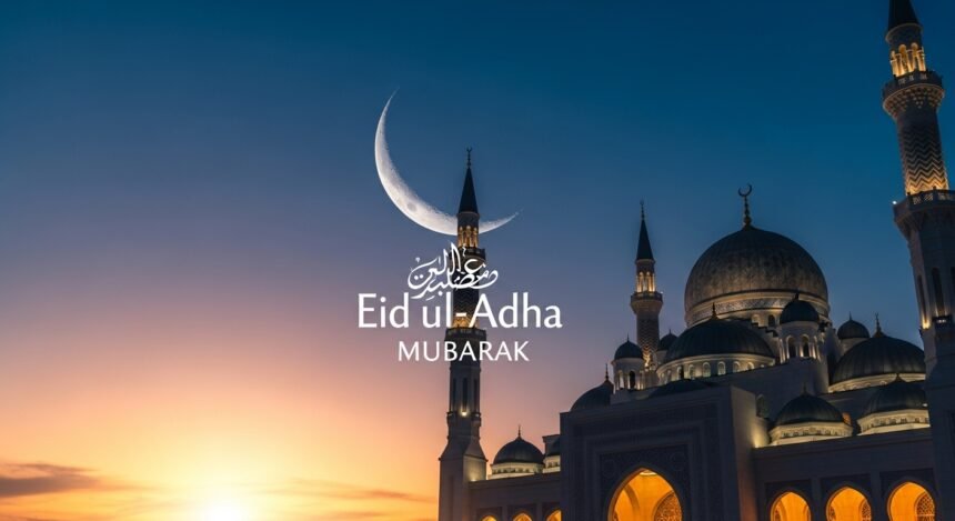 Beautiful Eid ul-Adha Mubarak quotes with crescent moon and mosque