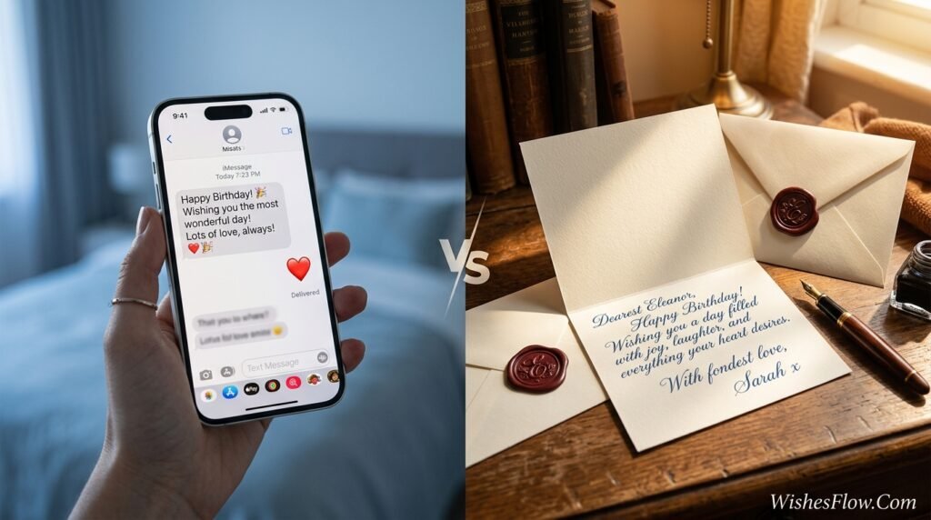 Side by side comparison of digital birthday text message versus traditional handwritten birthday card for son