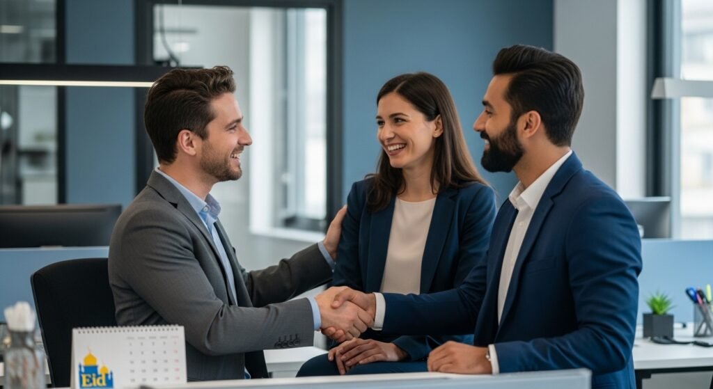 Professional Muslim man and woman in business attire greeting each other respectfully in modern office setting, exchanging Eid ul-Adha wishes, showing workplace diversity, respect, and professional warmth