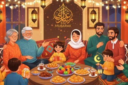 Diverse family members celebrating Eid together with joy and spiritual warmth