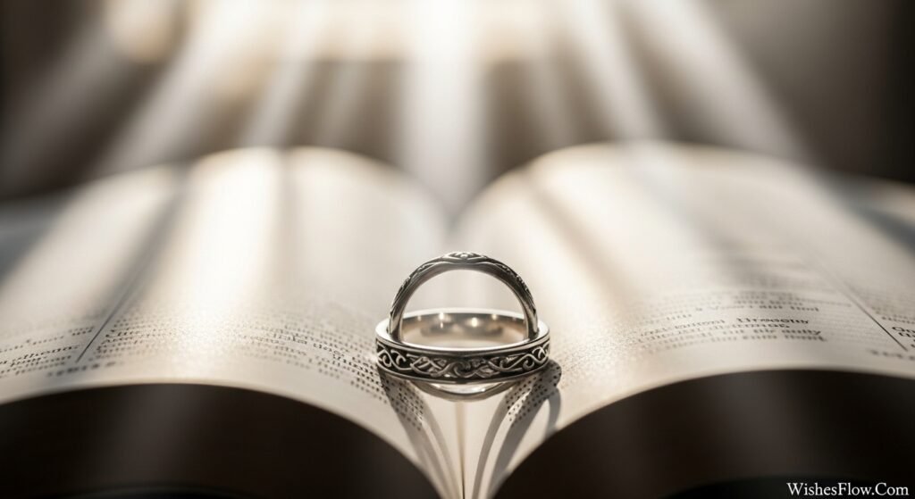 Intertwined wedding rings on a Bible representing a blessed marriage