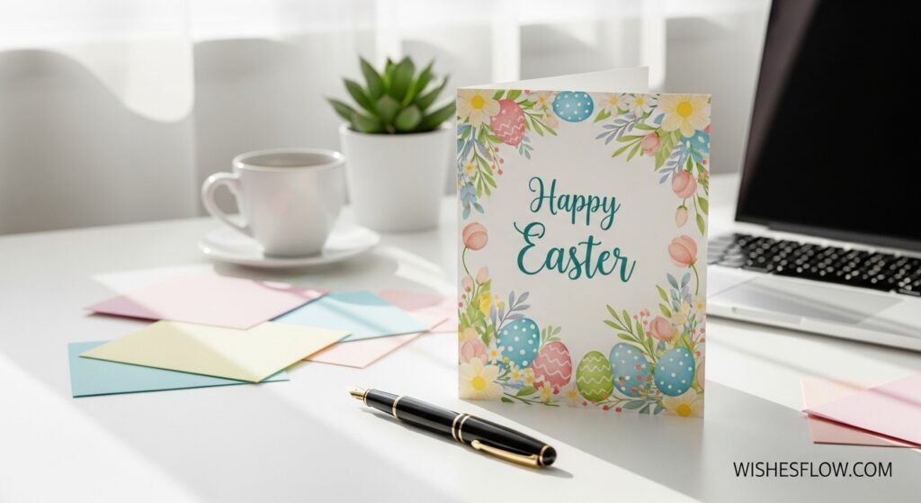 Professional Easter greeting card on office desk representing workplace Easter wishes for colleagues