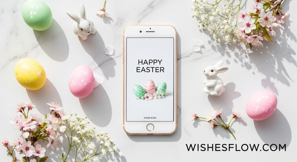 Smartphone with Easter message surrounded by spring decorations representing social media Easter greetings