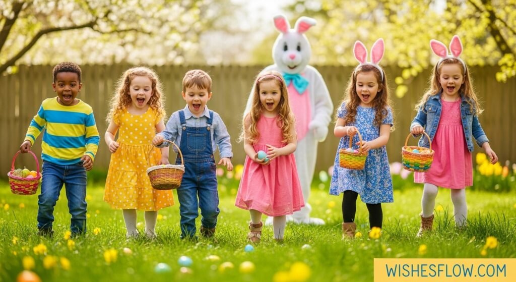 Children enjoying Easter egg hunt in garden representing Easter wishes and messages for kids