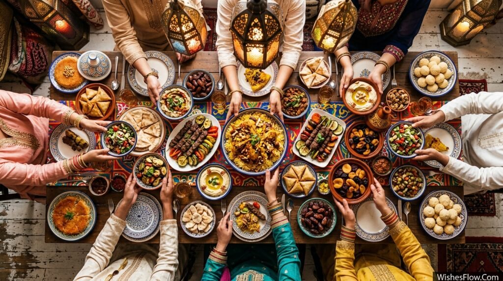 Top view Eid family feast table unity concept