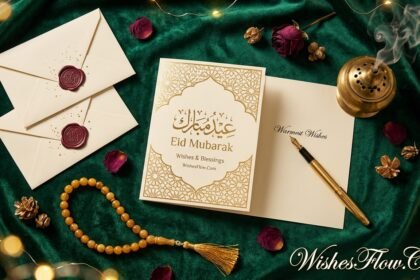 Beautiful Eid ul-Adha greeting card with gold Islamic calligraphy surrounded by elegant writing materials, rose petals, and traditional Islamic decorative elements on emerald velvet