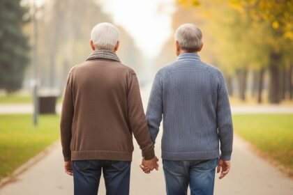 Happy elderly grandparents holding hands celebrating anniversary together