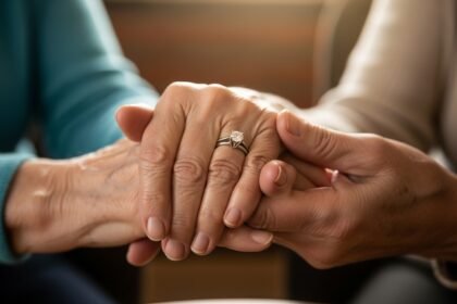 Happy couple celebrating 60th diamond anniversary together with joined hands
