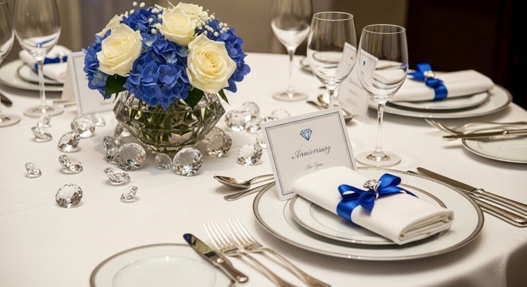 Diamond anniversary celebration decorations in traditional white and blue colors