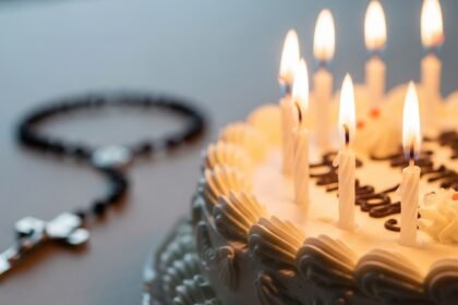 Catholic birthday blessings with candles and religious symbols representing faith and celebration