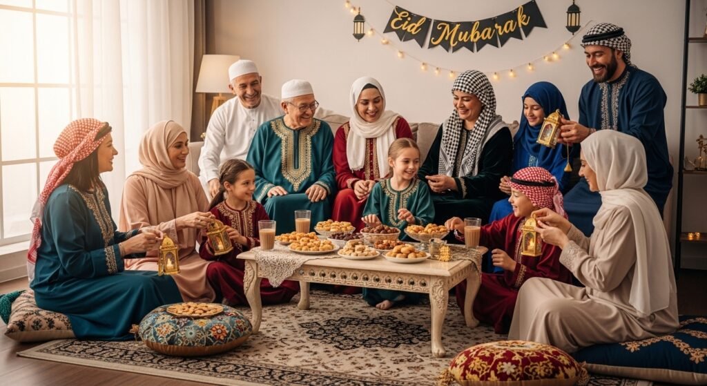 Eid Mubarak in Urdu - Family celebrating traditional Eid festival with cultural dress and decorations