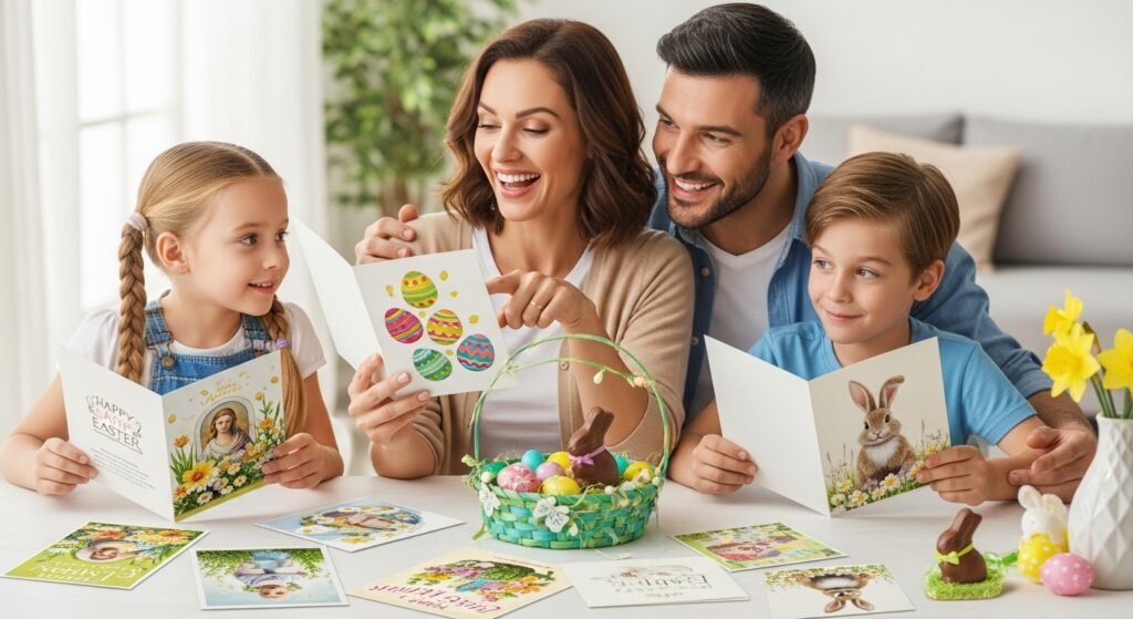 Family enjoying heartfelt Easter card messages together during celebration