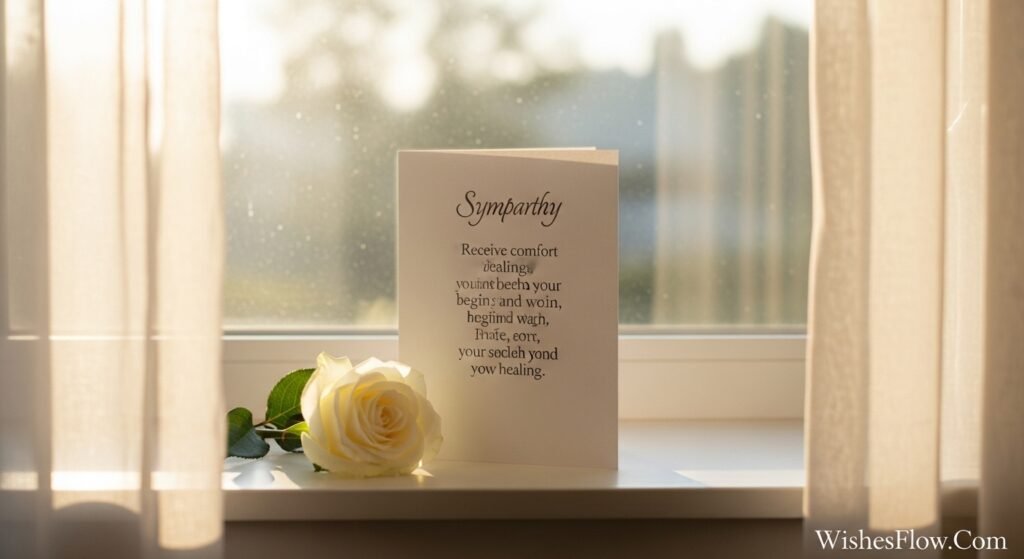 Sympathy card on windowsill with white rose and peaceful morning light