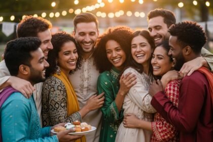 Friends celebrating Eid ul-Adha together with warm embrace and joyful smiles