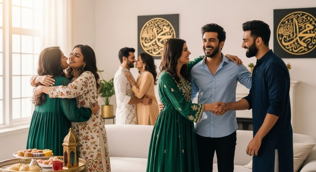 Friends exchanging short Eid ul-Adha wishes and warm greetings during celebration