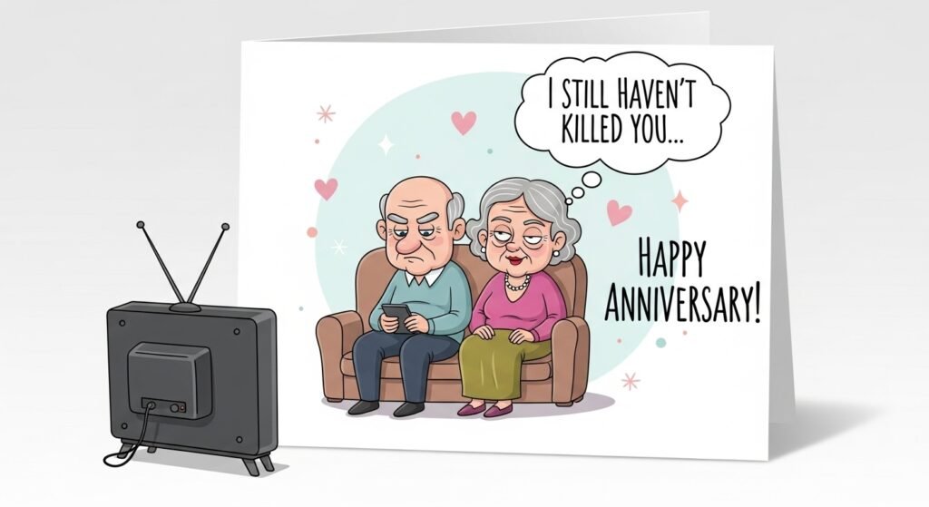 Sarcastic anniversary card with humorous marriage quotes and funny illustration