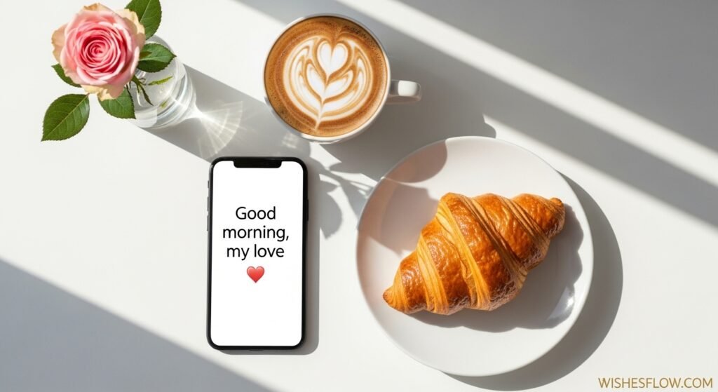 Morning coffee and smartphone displaying good morning love message for husband