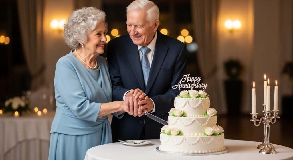 Grandparents cutting anniversary cake together