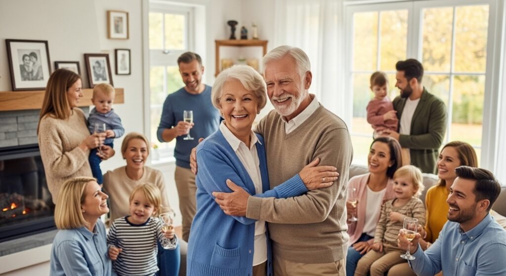 Grandparents anniversary celebration with family showing love and togetherness