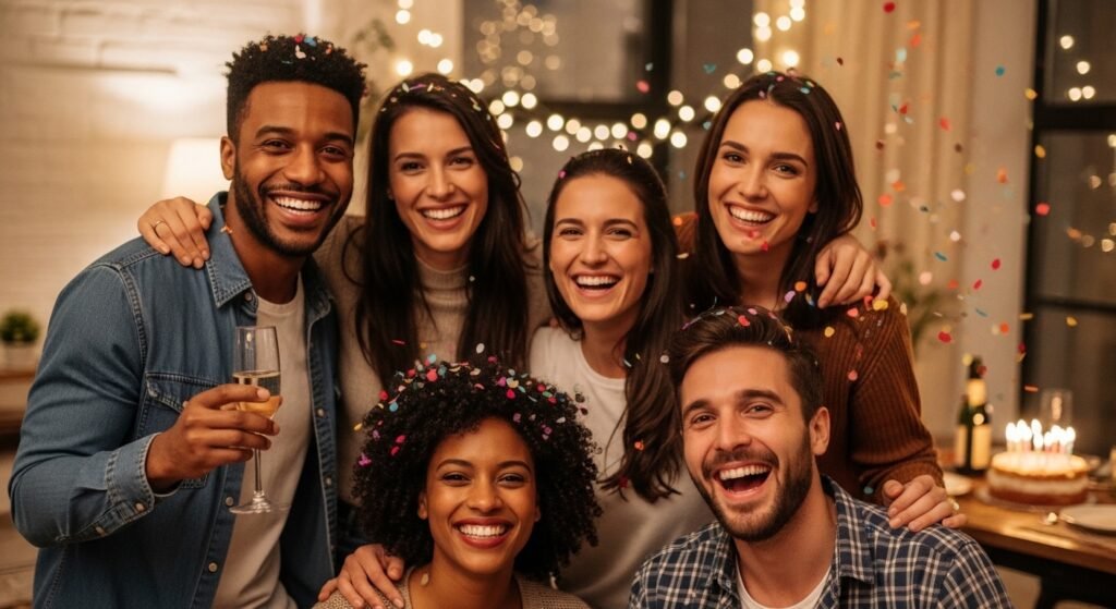 Friends celebrating Eid together sharing happy Eid wishes and creating memories