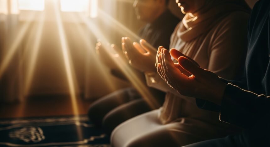 Close-up of hands extended in prayer position with golden sunlight streaming through, symbolizing spiritual devotion during Eid ul-Adha celebration, faith, and sacred connection
