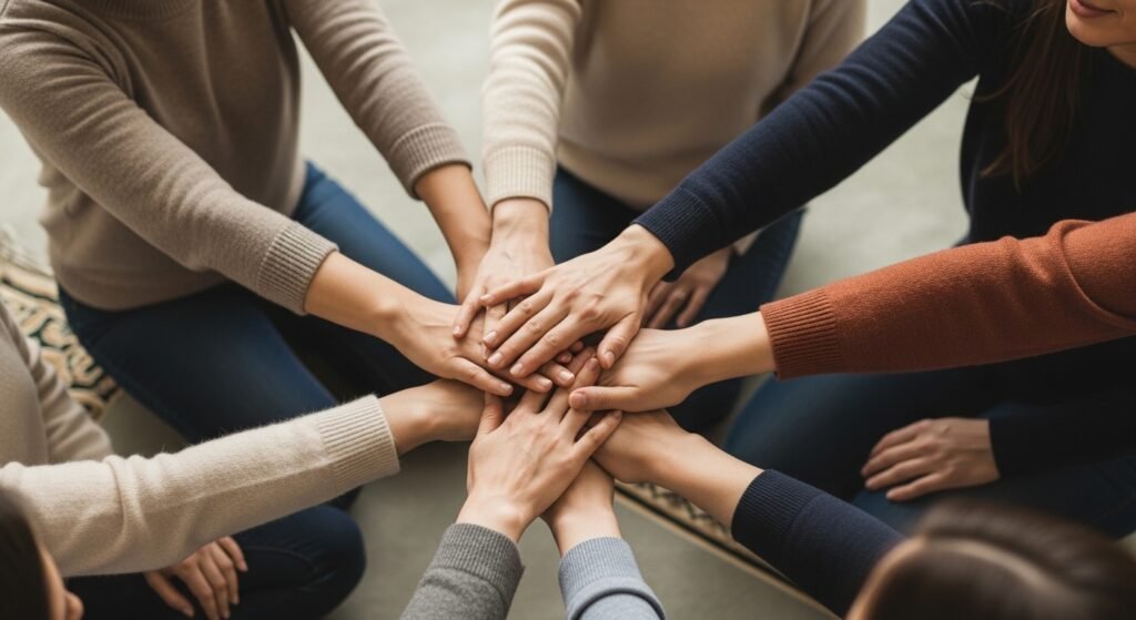 Overhead view of multiple diverse hands coming together in center of circle, people of different ethnicities and ages joining hands in prayer or solidarity during Eid ul-Adha, showing unity and shared faith