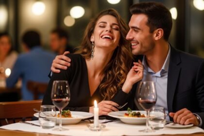 Couple sharing sarcastic anniversary quotes while laughing at restaurant table