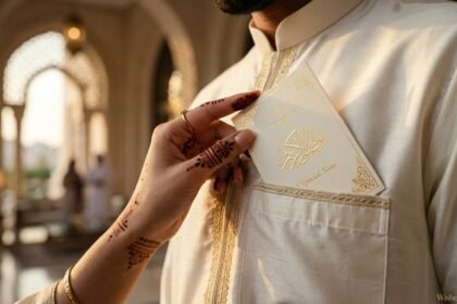 A wife giving a luxurious Eid ul-Adha card to her husband in a cinematic setting