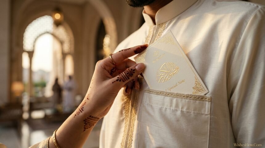 A wife giving a luxurious Eid ul-Adha card to her husband in a cinematic setting