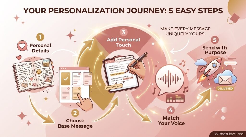 Five-step infographic guide to personalizing love messages for long-distance relationships, from identifying personal details to strategic delivery