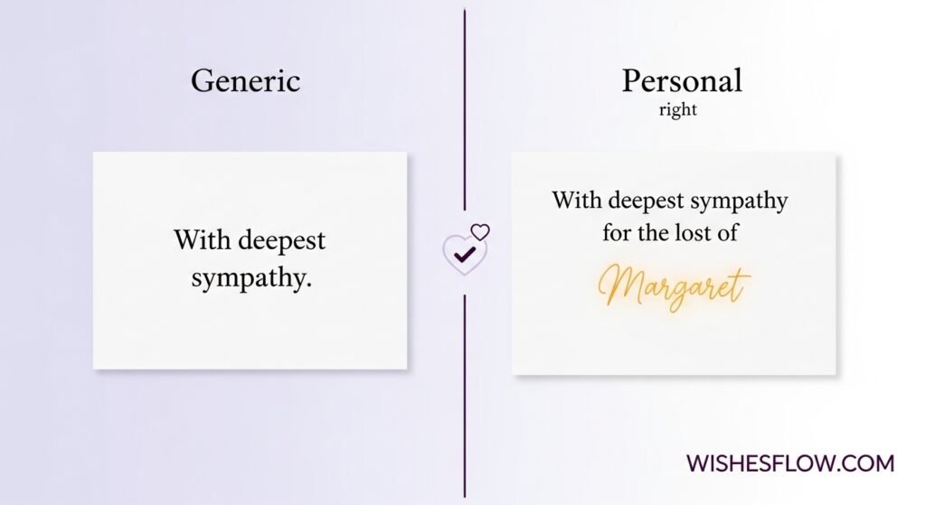 Before and after illustration showing generic versus personalized sympathy card message with deceased person's name
