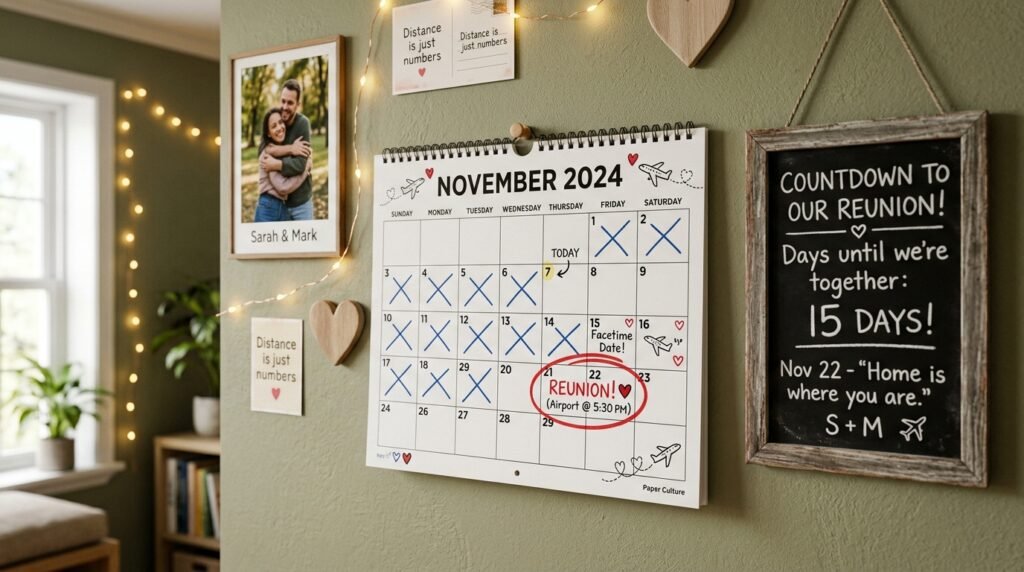 Calendar with reunion date circled and countdown written for long distance couple