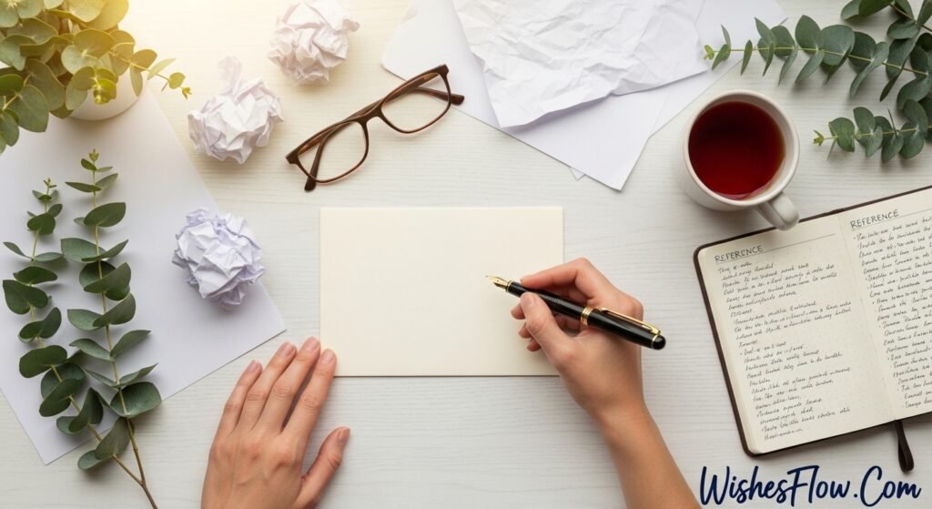 Overhead view of hand writing sympathy card with fountain pen, tea, and draft papers on desk