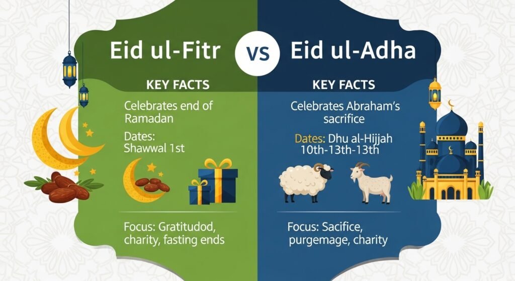 Comparison chart showing dates, significance, and traditions of Eid ul-Fitr and Eid ul-Adha celebrations