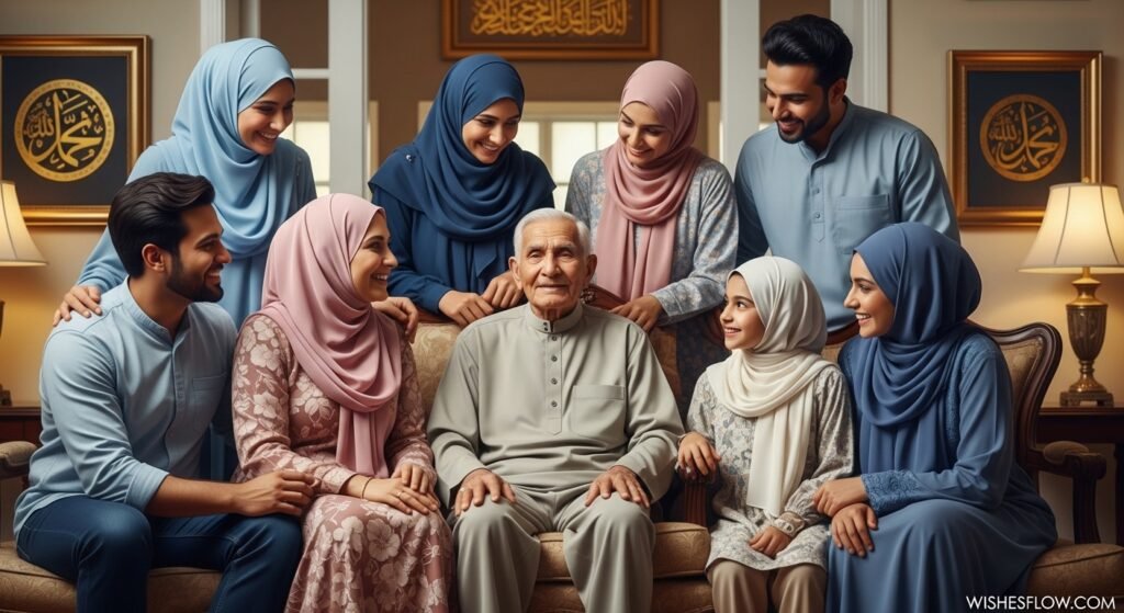 Multi-generational Muslim family celebrating elderly family member's milestone birthday