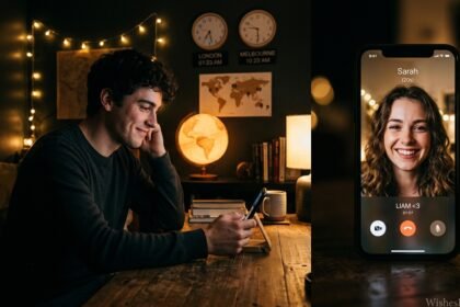 Young couple in long-distance relationship having intimate video call at night, expressing love and connection despite physical distance