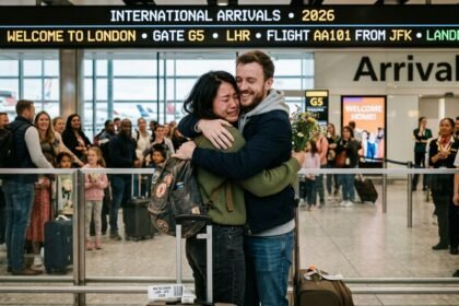 Couple embracing at airport arrivals gate during long distance relationship reunion in 2026