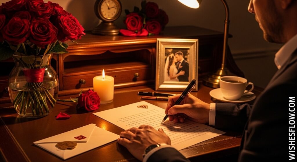 Man writing long romantic anniversary letter for wife at desk with roses
