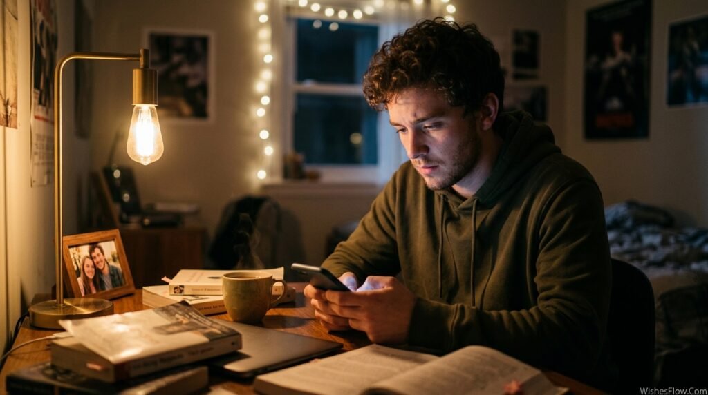 Man thoughtfully typing a heartfelt love message on his phone late at night, showing vulnerability and emotional intentionality in long-distance romance