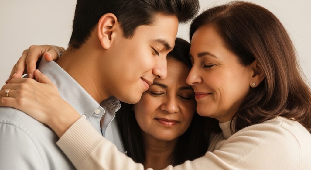 Intimate moment of a mother and adult child embracing warmly, faces close together showing deep love and spiritual connection, warm golden lighting, celebrating family bonds during Eid ul-Adha