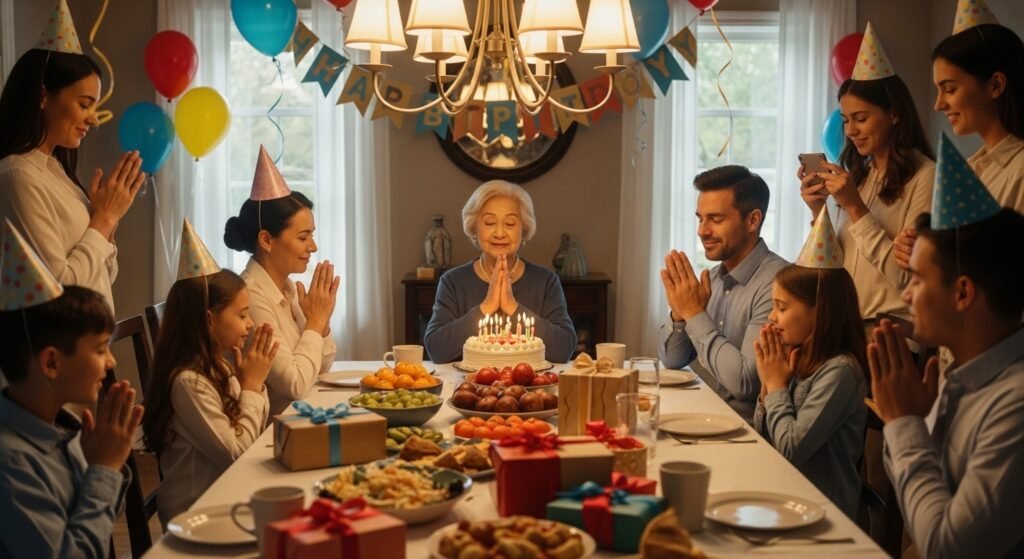 Catholic family celebrating birthday with faith-based blessings and prayers together