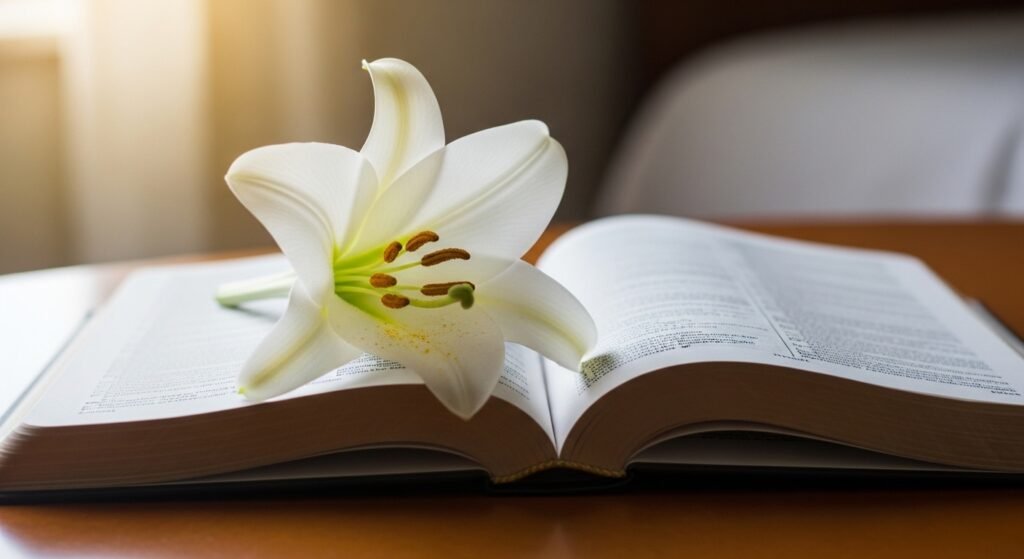 Religious Easter card messages celebrating Christ's resurrection with Bible and lily